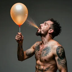 a man popping like a balloon full of raw sewage. he has cryptic tattoos over his ripping skin, and jets of filth spew from his face