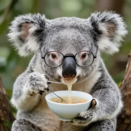 koala with glasses drinking soup