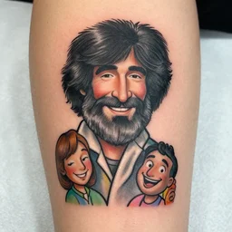 a tattoo of Bob Ross painting happy pictures by Bernie Wrightson