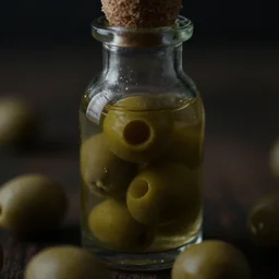 photo of a small bottle of olives, extreme detail, real photo, real camera, dim light, moody light, artstation, 8 k