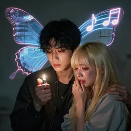 harmony of butterfly, mute, neon light language, neon music notes, piano tiles ( black haired yoongi holding a lighter & blonde jimin crying heavy watery tears holding yoongi's shoulder ) by wlop, james jean, victo ngai, beautifully lit, muted colors, highly detailed, fantasy art by craig mullins, thomas kinkade