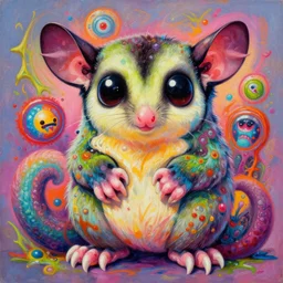 beautiful painting of colorful mutated cute sugar glider monster, by sherree valentine daines, peter mohrbacher, alice neel, donato giancola, mike winkelmann, laurie greasley. trending on artstation, 8 k, masterpiece, graffiti, fine detail, full of color, intricate detail, golden ratio illustration