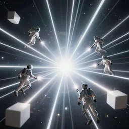 futuristic spacemen firing lasers in zero gravity, skintight suits, floating, bright white light, floating white obstacles, surrounded by a laser grid, unreal engine, lensflares, low perspective