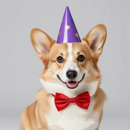 a corgi wearing a red bowtie and purple party hat