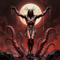 the anti - christ rising from a red ocean with slimy tentacles. color detailed photograph from a 1 9 9 0 s horror movie.