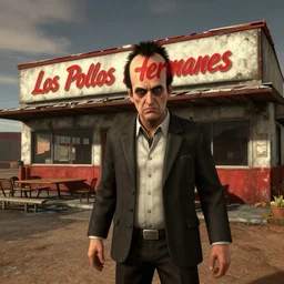 an abandoned los pollos hermanos restaurant in fallout new vegas, gamebryo engine, albuquerque new mexico, post apocalyptic, gus fring,