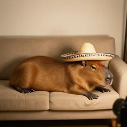 capybara with a sombrero, lying down on a couch, light on camera right below the eyeline, wide shot