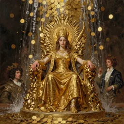 the throne of abundance, matte painting, gold coins waterfalls | highly detailed oil painting, hyperrealistic, very intrincate | cinematic lighting, award - winning | by rachel ruysch, giger, beksinski and bocklin | by austin osman spare and william blake, trending on artstation, cgsociety, official art, octane.