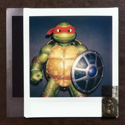 anthropomorphic! polaroid, a badass turtle fighter with red bandana on his eyes, protectors on elbows and a shield made out of a turtle shell. polaroid, color vintage