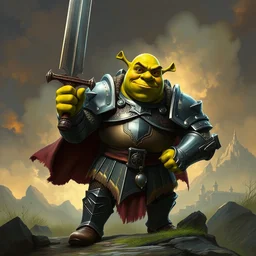 shrek in a heavy suit of armor, giant sword, digital painting masterpiece by rembrandt and mœbius and thomas kinkade and frank frazetta, 4 k wallpaper, comic book art