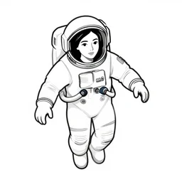 clean simple line art of a woman floating in space. she is an astronaut, wearing a space suit. white background. well composed, clean black and white line drawing, beautiful detailed face. illustration by charlie adlard