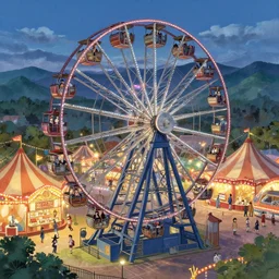 close - up of student witches sitting in ferris wheel at a small carnival amusement, food stalls, big top circus tent, roaming entertainers, flashing lights, highly detailed, magical, japan mountains, digital painting, concept art, matte, art by ruan jia and wlop and greg rutkowski and makoto shinkai, masterpiece