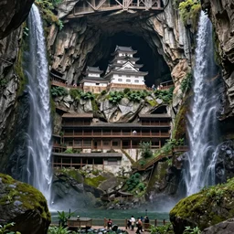 establishing wide shot inside han son doong with waterfalls on either side of the cliff walls, a cloister is built into the cliff walls, at the top of the cliff is a japanese castle