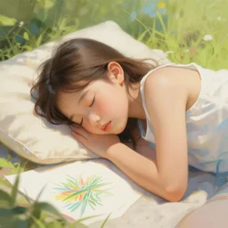 young girl sleeping summer art drawn in art style of WLOP full HD 4K highest quality realistic beautiful gorgeous natural WLOP artist painting