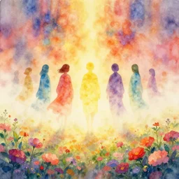 spirits over the horizon, spiritual, watercolor, warm color palette, colorful, vapor, mist, flowers, floral, diffraction grading, de - noise, by akihito yoshida, by weta fx, by yaoy kusama, by yoshitaka amano