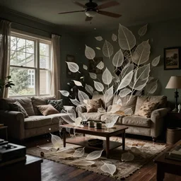 a suburban living room obliterated by a wave of delicate leaf skeletons, in the style of the dutch masters and gregory crewdson, dark and moody