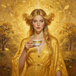 epic painting, full figure portrait of beautiful goddess supermodel holding tea cup with golden glow background, drawing, photography by amy leibowitz, wlop, jeremy lipkin, beeple, intricate golden fractals, team leaves flying in the sky, symmetrical front portrait, artgerm, date trees in background