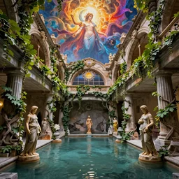 mythological thermae overgrown by vines, by Rolf Armstrong and Evelyn De Morgan and Bastien Lecouffe-Deharme, dramatic lighting, high contrast colors, baroque, empyrean, panoramic view, as trending on Artstation, highly detailed, doom engine,