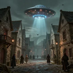 ufo's invading a medieval town street, digital art, matte painting, horror vibe, hyperdetailed, artstation, cgsociety, 8k