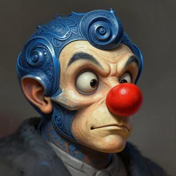 anthropomorphic spiral head in death bluesteel mr bean giant red nose, intricate, elegant, highly detailed face, wide angle, digital painting, artstation, concept art, sharp focus, illustration, art by artgerm, bob eggleton, stephen hickman, richard corben, wayne barlowe, greg rutkowski, alphonse mucha, 8 k