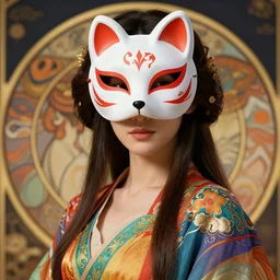 close up portrait shot of a beautiful woman wearing a kitsune fox mask and flowing colourful clothes, alphonse mucha, rhads, ross tran, artstation, artgerm, octane render, 1 6 k