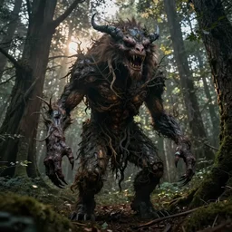 an incredibly scary and very very unique monster creature with animal, human and tree characteristics, ancient folk legend in the forest, extremely creative, detailed, gloomy, dramatic evening light, lens flare, 1 8 mm lens, digital medium format professional photography