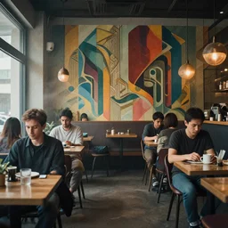 portrait of busy cafe interior man, colorful, my people, modern art deco, mads berg, christopher balaskas, victo ngai, low fog, fine texture, detailed, muted colors, dramatic lighting, dynamic composition, film noir, matte print, wide angle, moody, stippled, very grainy photo texture