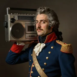 French revolutionary soldier listening to boombox
