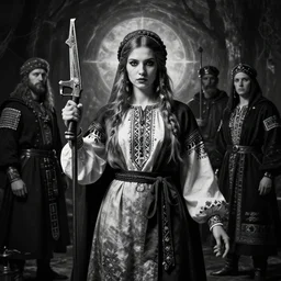 marana slavic goddess with ak - 4 7 in arms in traditional slavic clothes : by anato finnstark kvlt by peder balke by peder balke by greg rutkowski, mystic high contrast monochromatic noir