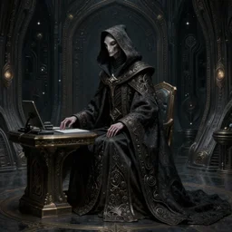 portrait, a very wealthy tall and thin hooded, robed extraterrestrial space elf ambassador at his desk, in a long dark flowing ornate fancy cloak, on dark ancient starship corridor, science fiction, gothic, intricate, elegant, illustration, digital painting, 8 k, fine detail, art by greg rutkowski, jack kirby, albert aublet, and alphonse mucha