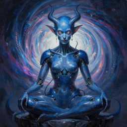 neoclassicist renaissance portrait blue demon seated with big glowing eyes, with cyber body interface inside singularity. iridescent textures. highly detailed fantasy science fiction painting. highly detailed fantasy science fiction painting by vrubel and chris cunningham. dark and volumetric. artstation