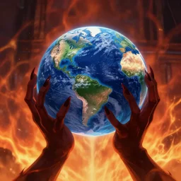 two demonic hands hold the earth, flames in the background, artstation