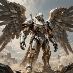 sci - fi, giant armored archangel, greeble, wires and sensors around, art by ismail inceoglu