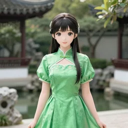 East Asian Princess wearing a Green dressin the Shany Garden, Anime style, hyper realistic