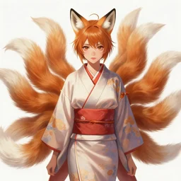 An beautiful digital painting of a beautiful young woman with fox ears and nine tails wearing a kimono, by Stanley Artgerm Lau, WLOP, Rossdraws, James Jean, Andrei Riabovitchev, Marc Simonetti, and Sakimichan, tranding on artstation, SFW version