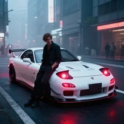 Bladerunner2049 street racing man leaning cool pose on his white sports car with red emissives volumetric lighting Cyberpunk RTX ray marching street atmospheric cinematic screen cap street Tokyo slightly foggy Ryan Church Roger Deakins RX7 FD S15 GTR R35 Nismo