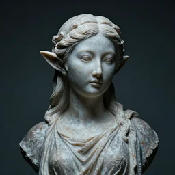 sculpture of a beautiful young Asian woman with elf ears, by Alexandros of Antioch, moody atmospheric cinematic background, studio lighting, 8k
