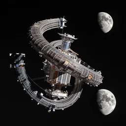 a spiral shaped orbital space habitat floating near the moon