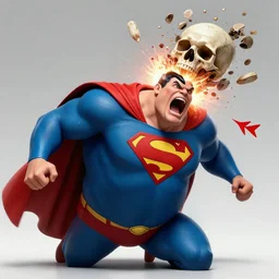 evil Superman >yelling<<<< screaming! , body swelling about to explode, distress, mania, freaking out, insane, panic, breakdown, skull, head exploding revealing skull, horror