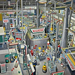 painting of the inside of a Krispy Kreme factory, by Frank Frazetta
