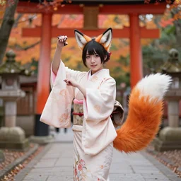 full - color photo of a cute young japanese girl wearing the kimono of a kitsune - goddess and doing a ritual dance in a windy inari shinto shrine in kyoto full of autumn leaves. she has fox - ears, a fox - tail, hands that are fox - paws, sharp fox - teeth, and a fox - nose. highly - detailed ; professional portrait photography.