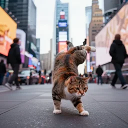 photo of a cat breakdancing in times square