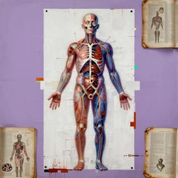 a beautiful glitched painting by robert proch and emilio pettoruti of an anatomy study of the human nervous system on top of white rectangle shapes, color bleeding, pixel sorting, copper oxide and rust materials, brushstrokes by jeremy mann, dramatic lighting, pastel purple background, old anatomy book pictures