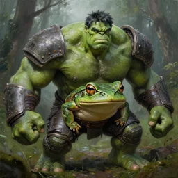 macro medium shot, rugged anthropomorphic muscular!!!!!!!!! oversized!!!!!!!! hulked!!!! frog as oversized green armored barbarian armored hunter wearing war sci - fi armor in deep forest, foggy, oil painting by frazetta by greg rutkowski by frazetta by rembrandt by louie travis
