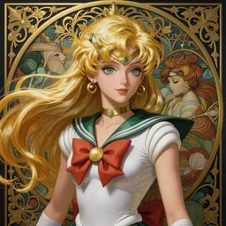 Sailor Venus, fantasy, intricate, elegant, highly detailed, digital painting, artstation, concept art, matte, sharp focus, illustration, art by Artgerm and Greg Rutkowski and Alphonse Mucha