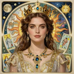 rachel weisz portrait by louis - theophile hingre and alphonse mucha, realistic, sharp focus, zodiac signs, tarot cards, planets, ethereal, art nouveau, magic, moon, sun, crown, dreamy, royal, jewellery