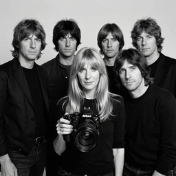 group photo of pink floyd by annie leibovitz, b & w, hd, 4 k, detailed, award winning, nikon 5 0 mm lens