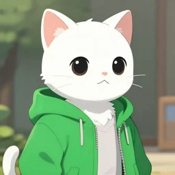cute white anime catboy wearing green jacket anthropomorphic, anime, digital painting