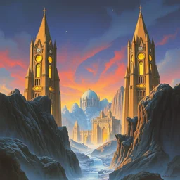 the grand towers of the wizard council by noriyoshi ohrai and maxfield parrish