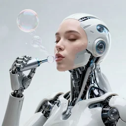 robot blowing bubbles with bubble blow tool, female face, cyberpunk cyborg, sci - fi, intricate abstract upper body intricate artwork, by tooth wu, wlop, beeple, dan mumford. concept art, octane render, deviantart, greg rutkowski, cinematic arthouse, key art, hyper realism, iridescent accents